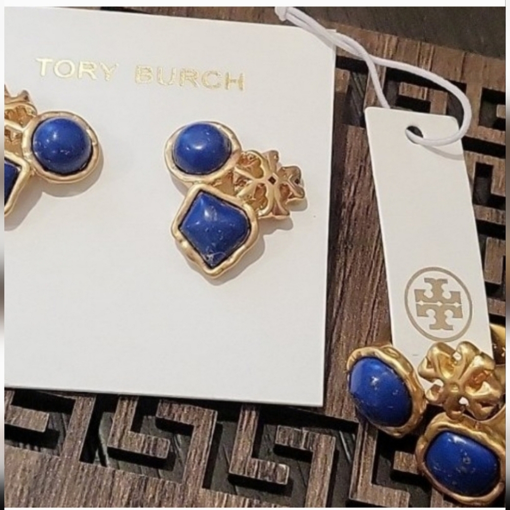 Tory Burch Gold and Royal Blue Stud Earrings and Ring Sizeb7